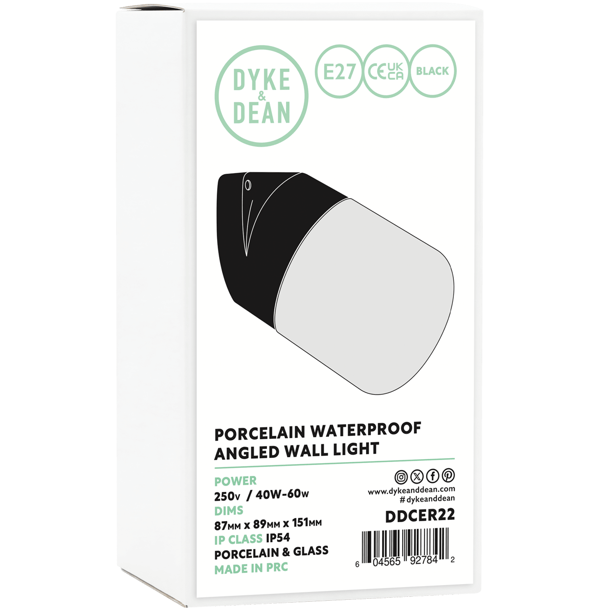 BLACK CLEAR PORCELAIN WATERPROOF ANGLED WALL LIGHT - DYKE & DEAN