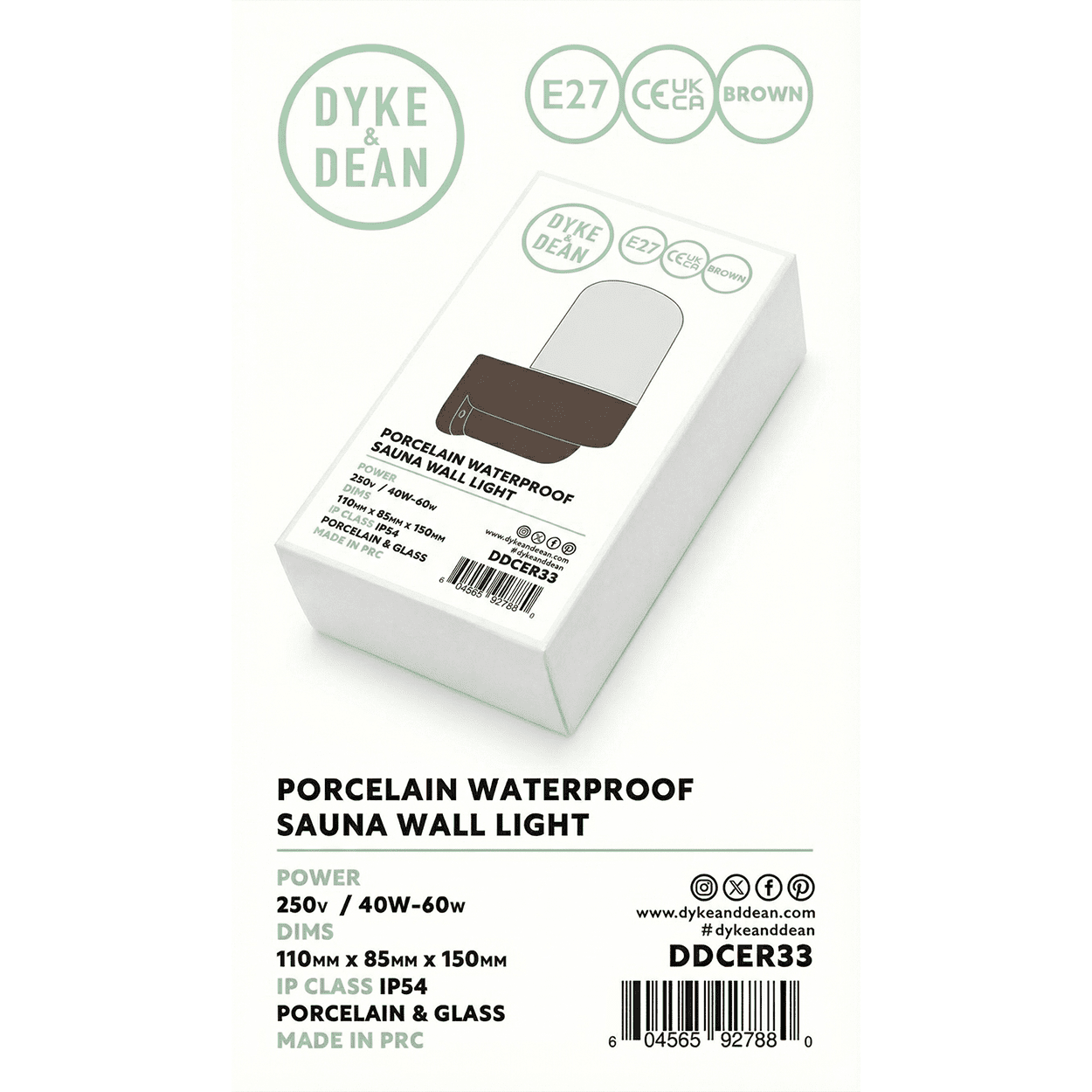 BROWN CLEAR PORCELAIN WATERPROOF SAUNA WALL LIGHT - DYKE & DEAN