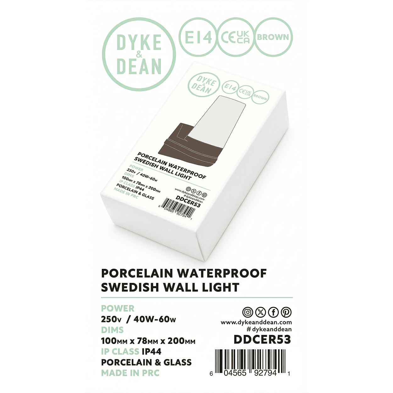 BROWN PORCELAIN WATERPROOF SWEDISH WALL LIGHT - DYKE & DEAN