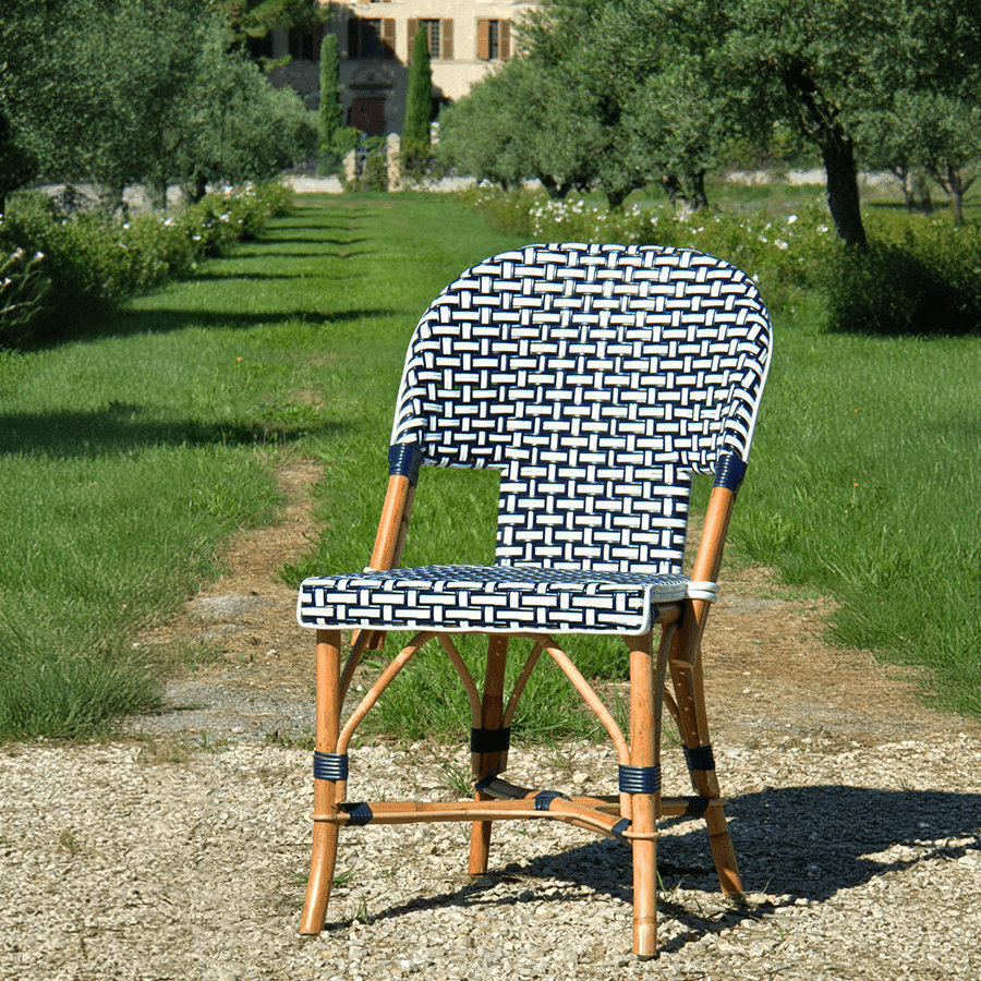 FRENCH BISTRO RATTAN CHAIR BASKET WEAVE WHITE NAVY - DYKE & DEAN