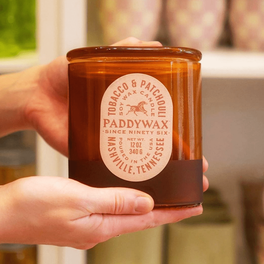 PADDYWAX VISTA LARGE AMBER GLASS CANDLE TOBACCO & PATCHOULI - DYKE & DEAN