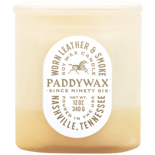 PADDYWAX VISTA LARGE TAN GLASS CANDLE WORN LEATHER & SMOKE - DYKE & DEAN