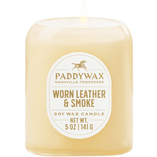 PADDYWAX VISTA TAN GLASS CANDLE WORN LEATHER & SMOKE - DYKE & DEAN