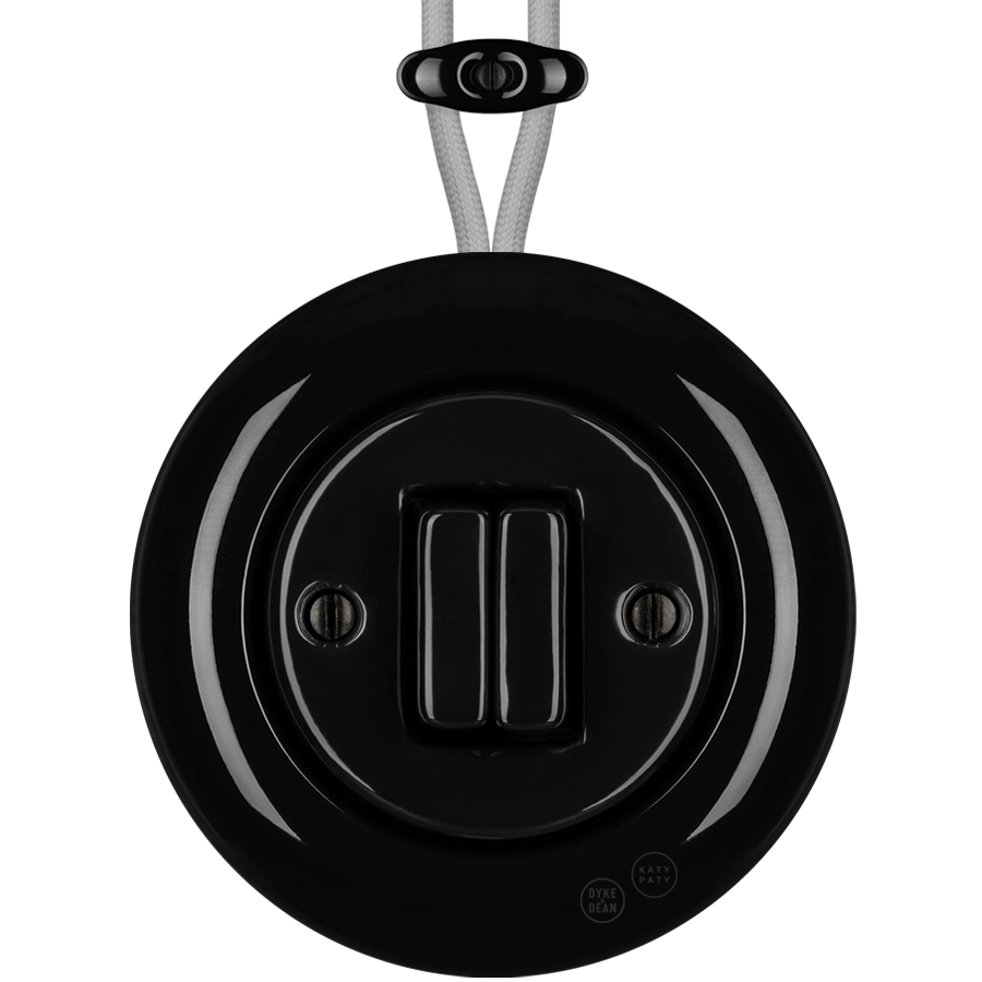 PORCELAIN KATY PATY COLONA ROUND SURFACE MOUNTED DOUBLE SLIM BUTTON SWITCH BLACK - DYKE & DEAN