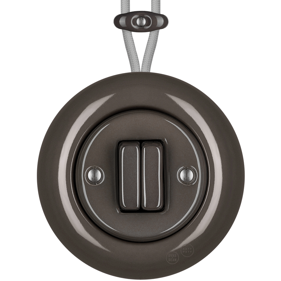PORCELAIN KATY PATY COLONA ROUND SURFACE MOUNTED DOUBLE SLIM BUTTON SWITCH BROWN - DYKE & DEAN