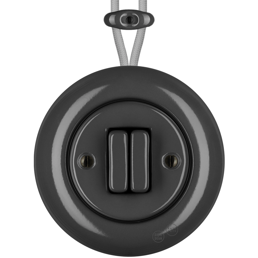 PORCELAIN KATY PATY COLONA ROUND SURFACE MOUNTED DOUBLE SLIM BUTTON SWITCH DARK GREY - DYKE & DEAN