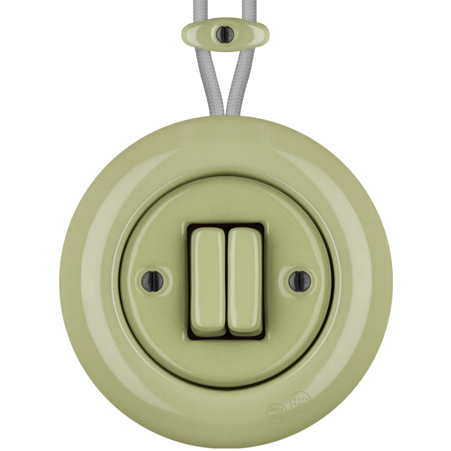 PORCELAIN KATY PATY COLONA ROUND SURFACE MOUNTED DOUBLE SLIM BUTTON SWITCH MOSS GREEN - DYKE & DEAN