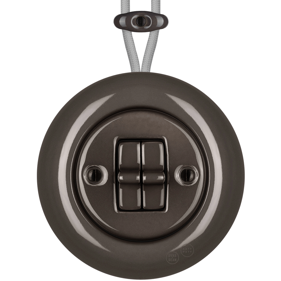 PORCELAIN KATY PATY COLONA ROUND SURFACE MOUNTED DOUBLE TOGGLE BUTTON SWITCH BROWN - DYKE & DEAN