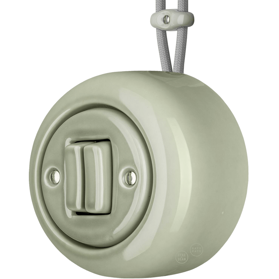 PORCELAIN ROUND SURFACE MOUNTED DOUBLE SLIM BUTTON SWITCH GREY GREEN - DYKE & DEAN