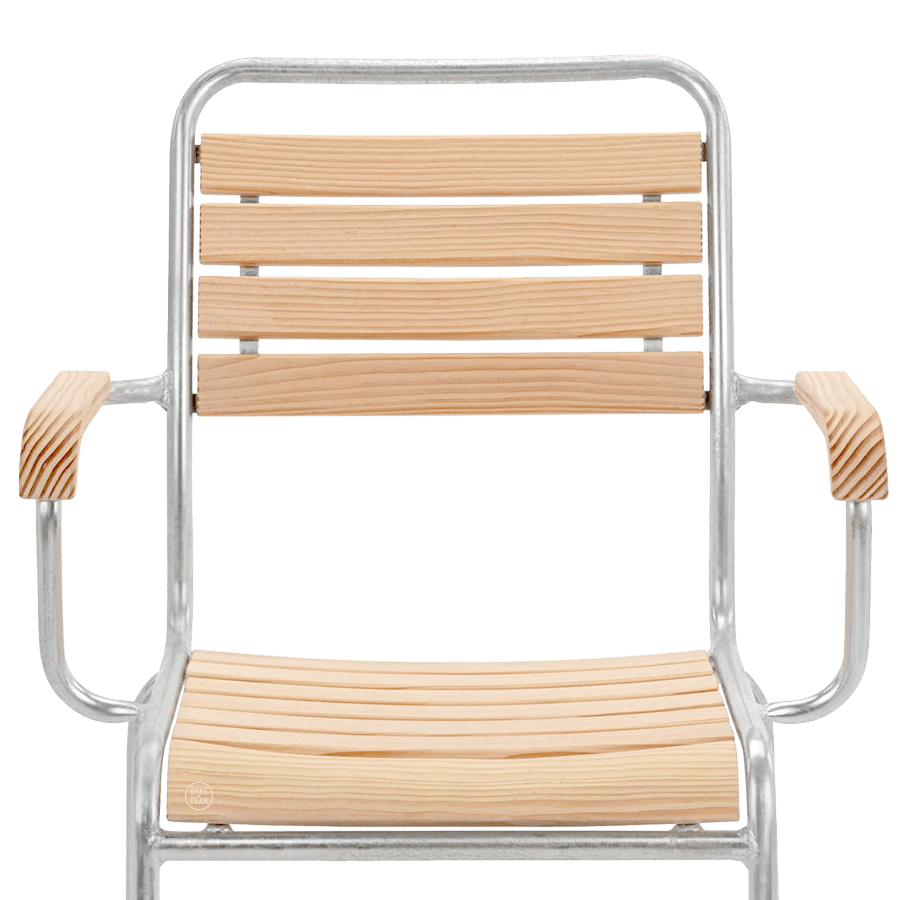 SLATTED WOOD COLOUR STACKING CHAIR GALVANISED WITH ARMS