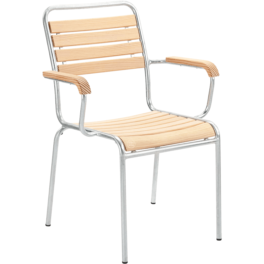 SLATTED WOOD COLOUR STACKING CHAIR GALVANISED WITH ARMS