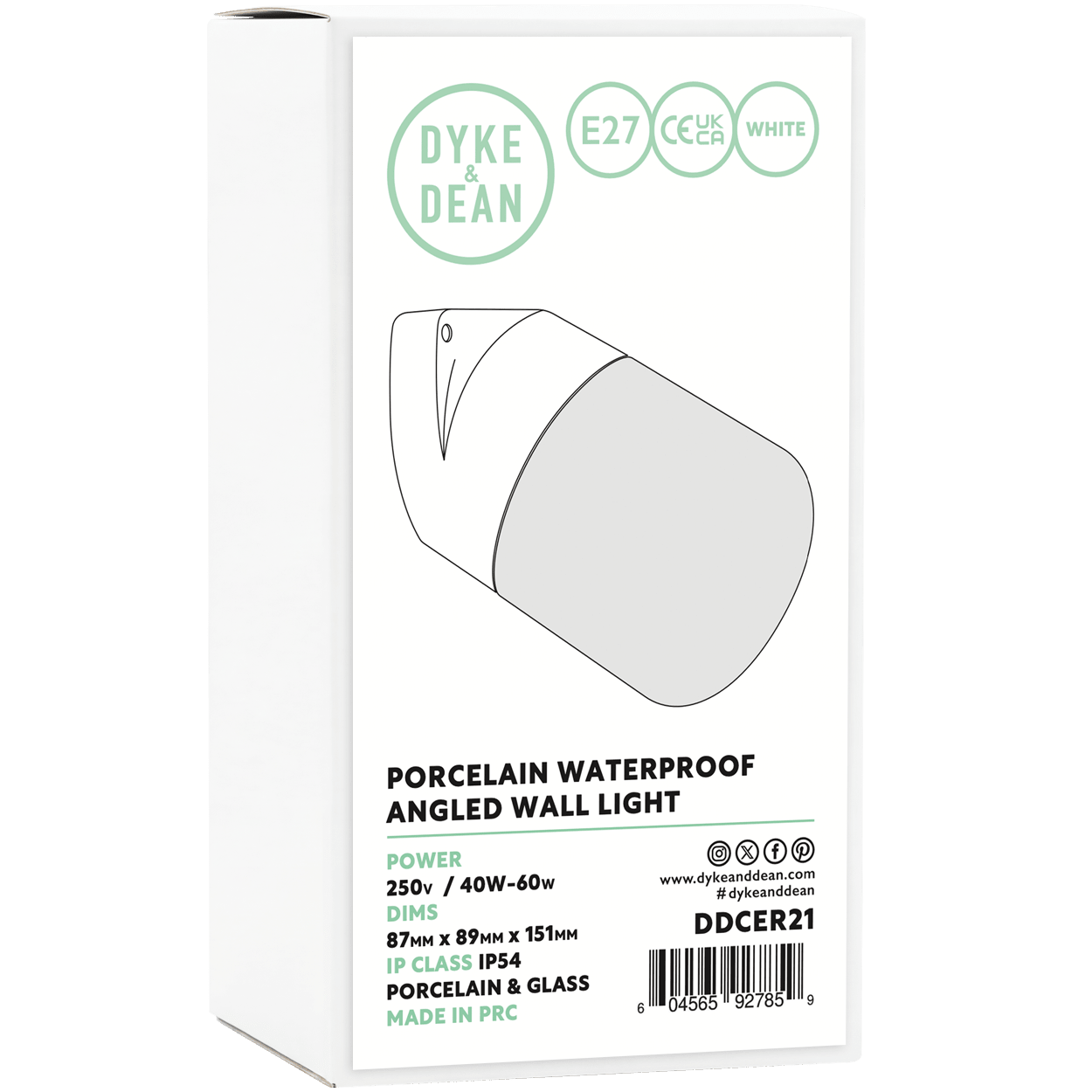 WHITE CLEAR PORCELAIN WATERPROOF ANGLED WALL LIGHT - DYKE & DEAN