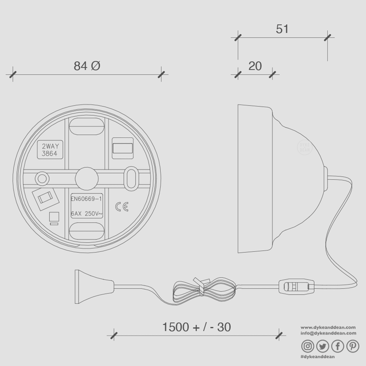 WHITE DOME PULL CORD LIGHT SWITCH - DYKE & DEAN