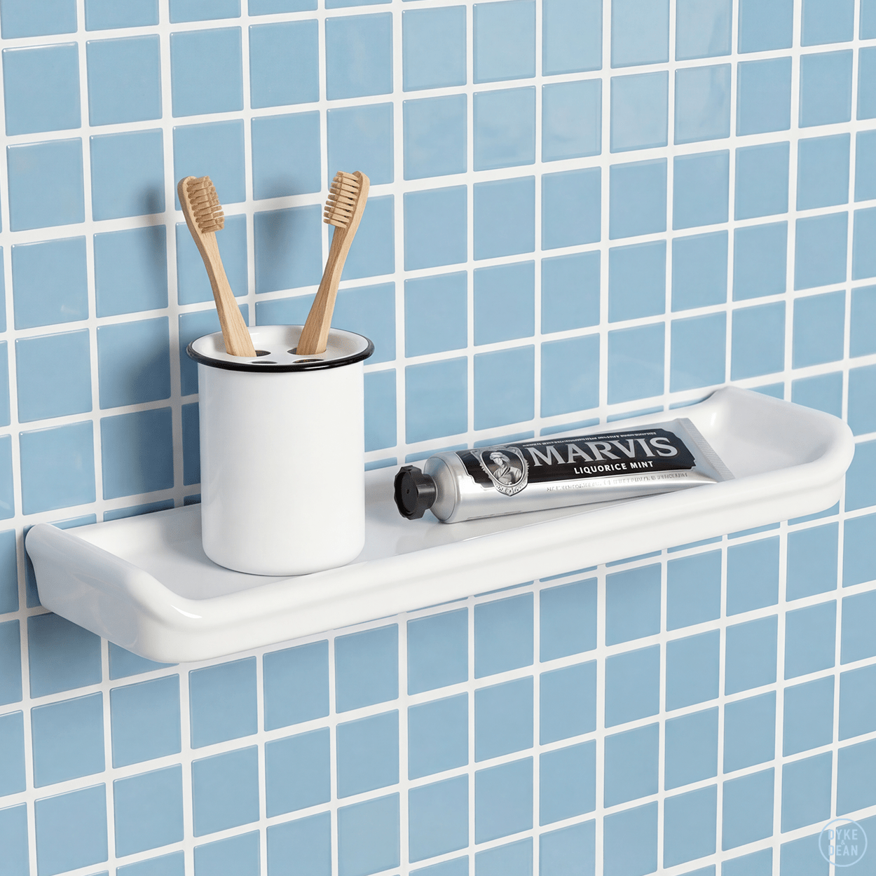 WHITE PORCELAIN BATHROOM SHELF WITH SIDES - DYKE & DEAN