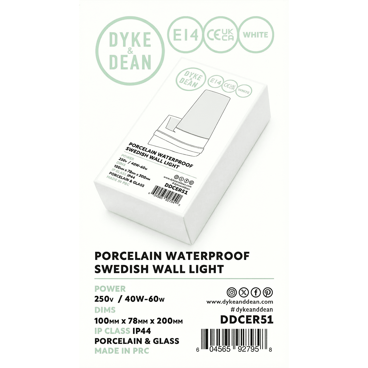 WHITE PORCELAIN WATERPROOF SWEDISH WALL LIGHT - DYKE & DEAN