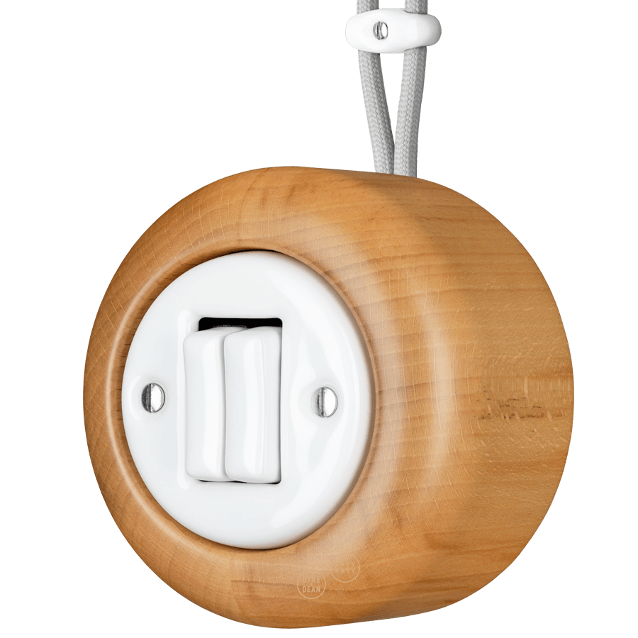 WOODEN PORCELAIN SURFACE MOUNTED FAGUS DOUBLE SLIM BUTTON SWITCH - DYKE & DEAN