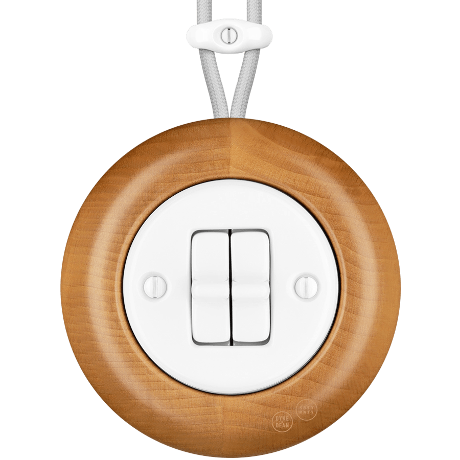 WOODEN PORCELAIN SURFACE MOUNTED FAGUS DOUBLE TOGGLE SWITCH - DYKE & DEAN