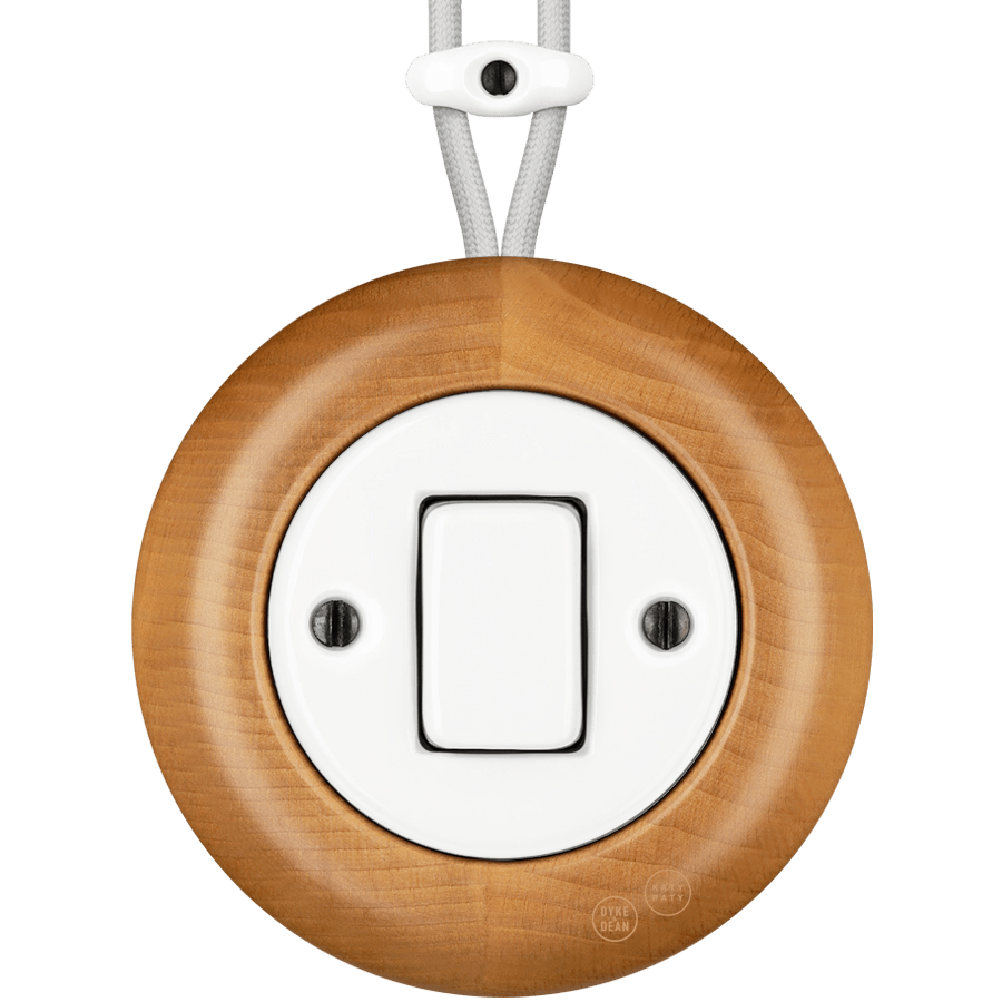 WOODEN PORCELAIN SURFACE MOUNTED FAGUS FAT BUTTON SWITCH - DYKE & DEAN