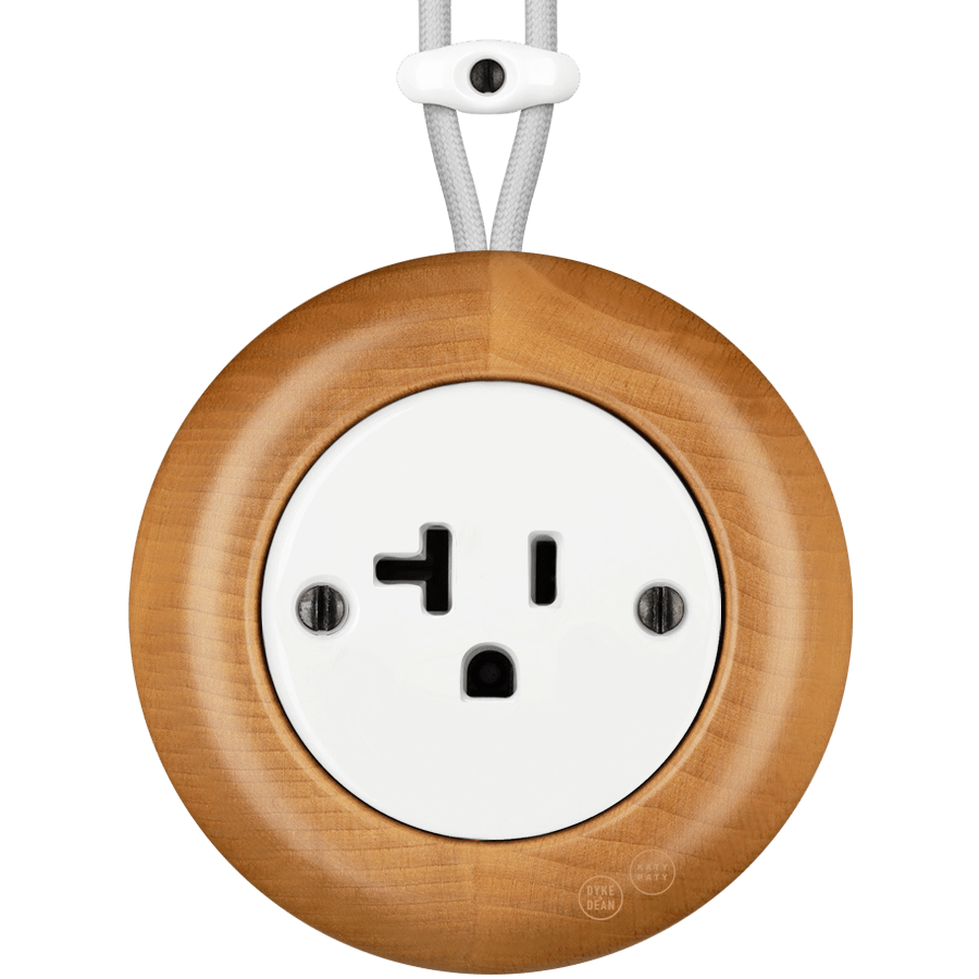 WOODEN PORCELAIN SURFACE MOUNTED FAGUS SOCKET USA 20AMP - DYKE & DEAN