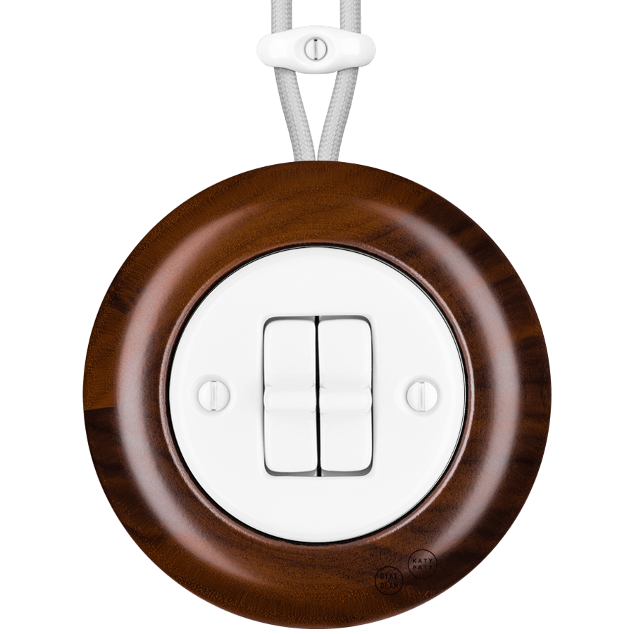 WOODEN PORCELAIN SURFACE MOUNTED NUC MAG DOUBLE TOGGLE SWITCH - DYKE & DEAN