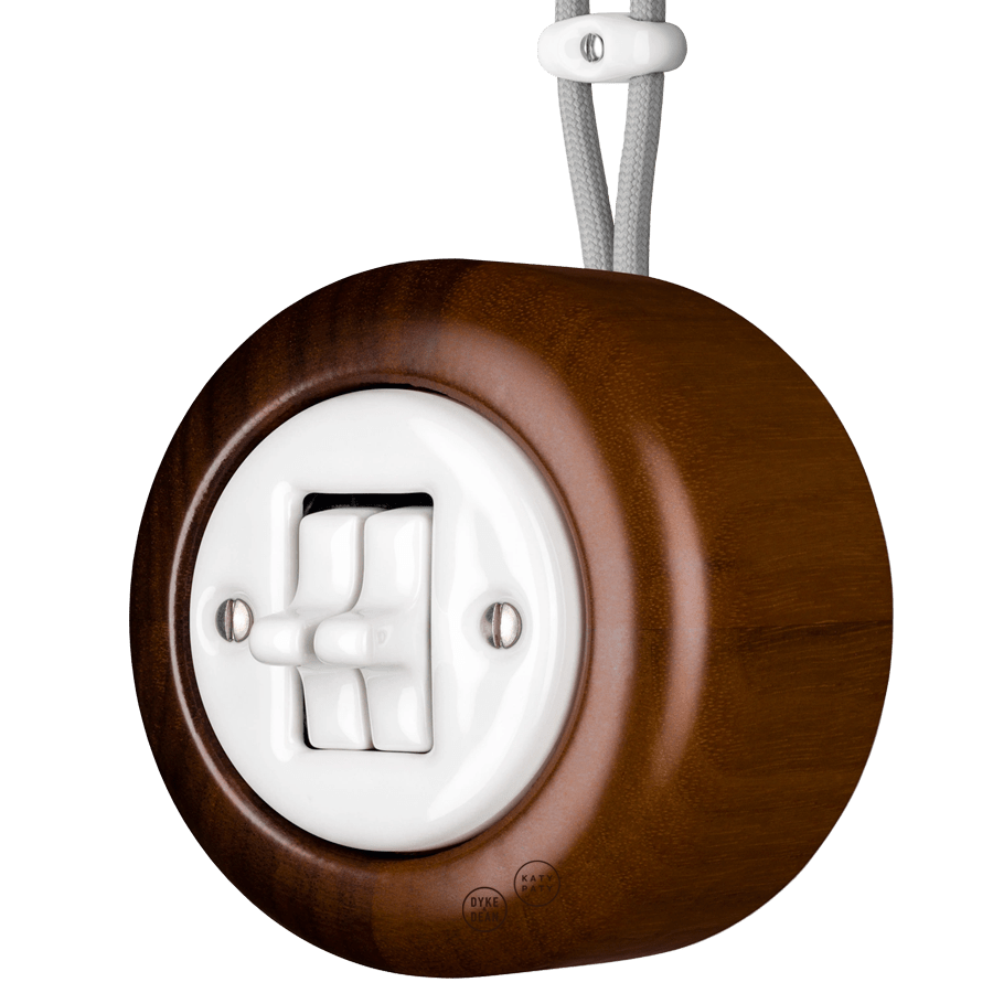 WOODEN PORCELAIN SURFACE MOUNTED NUC MAG DOUBLE TOGGLE SWITCH - DYKE & DEAN