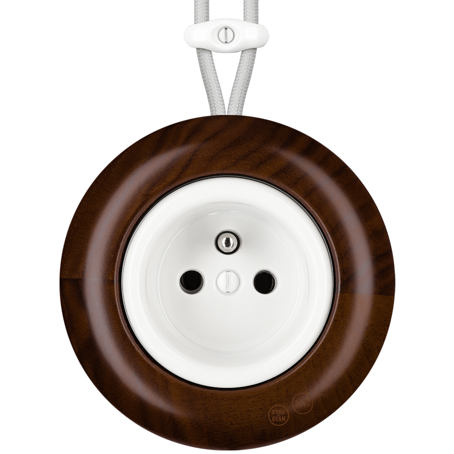 WOODEN PORCELAIN SURFACE MOUNTED NUCLEUS EURO PIN SOCKET - DYKE & DEAN