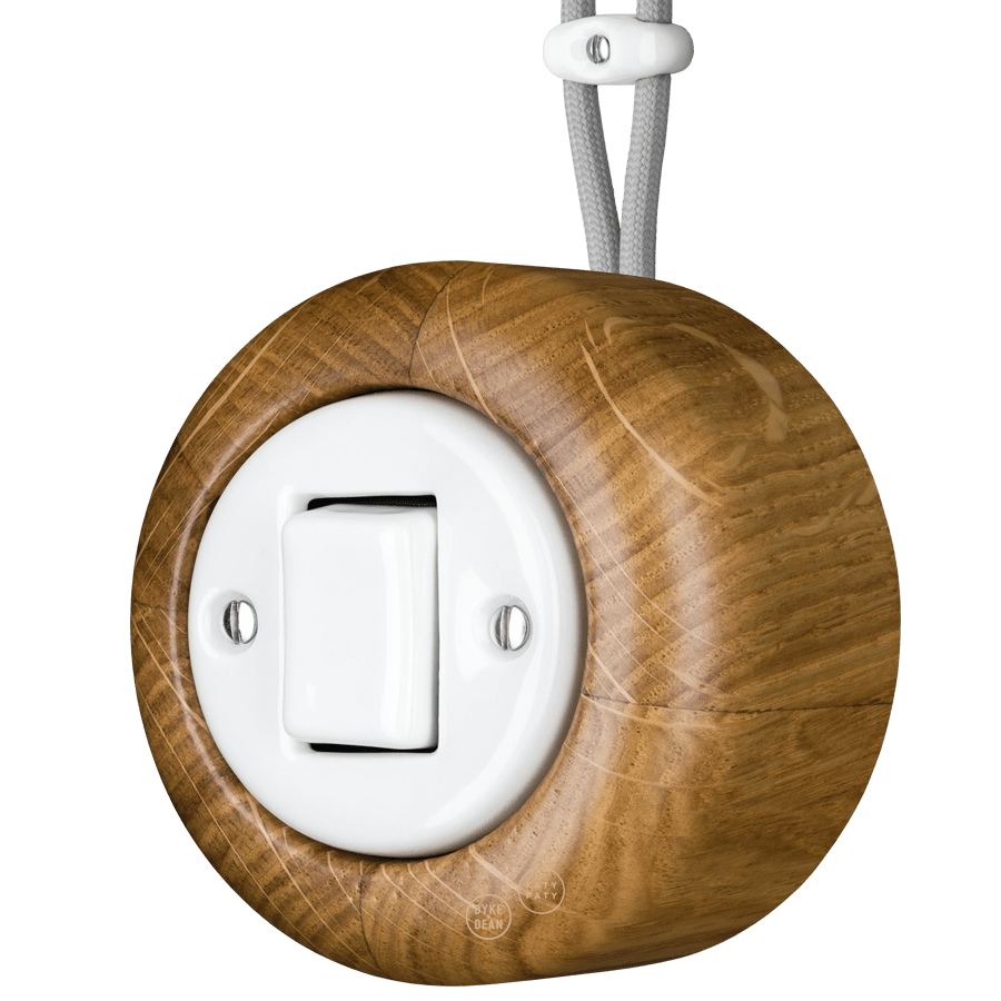 WOODEN PORCELAIN SURFACE MOUNTED ROBUS FAT BUTTON SWITCH - DYKE & DEAN