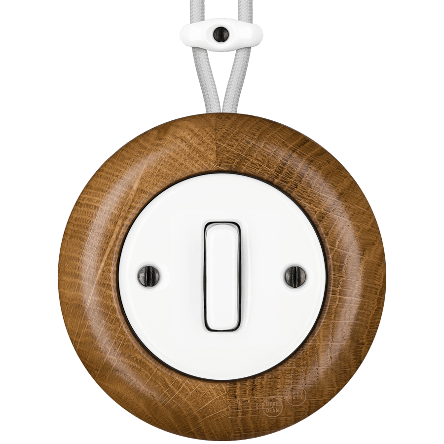 WOODEN PORCELAIN SURFACE MOUNTED ROBUS SLIM BUTTON SWITCH - DYKE & DEAN
