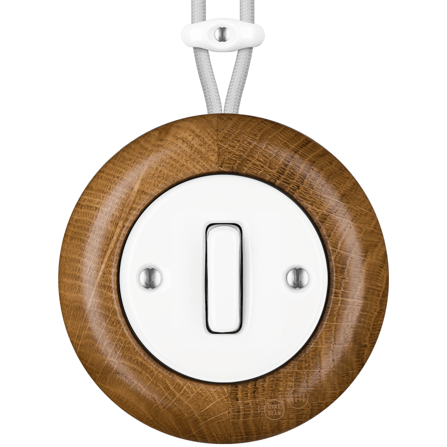 WOODEN PORCELAIN SURFACE MOUNTED ROBUS SLIM BUTTON SWITCH - DYKE & DEAN