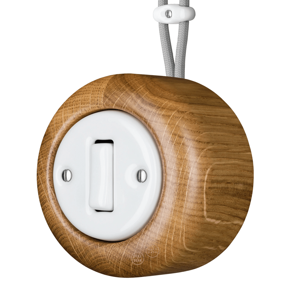 WOODEN PORCELAIN SURFACE MOUNTED ROBUS SLIM BUTTON SWITCH - DYKE & DEAN