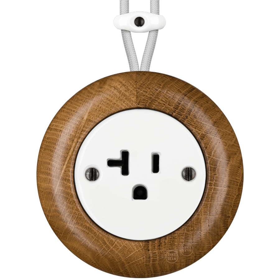 WOODEN PORCELAIN SURFACE MOUNTED ROBUS SOCKET USA 20AMP - DYKE & DEAN