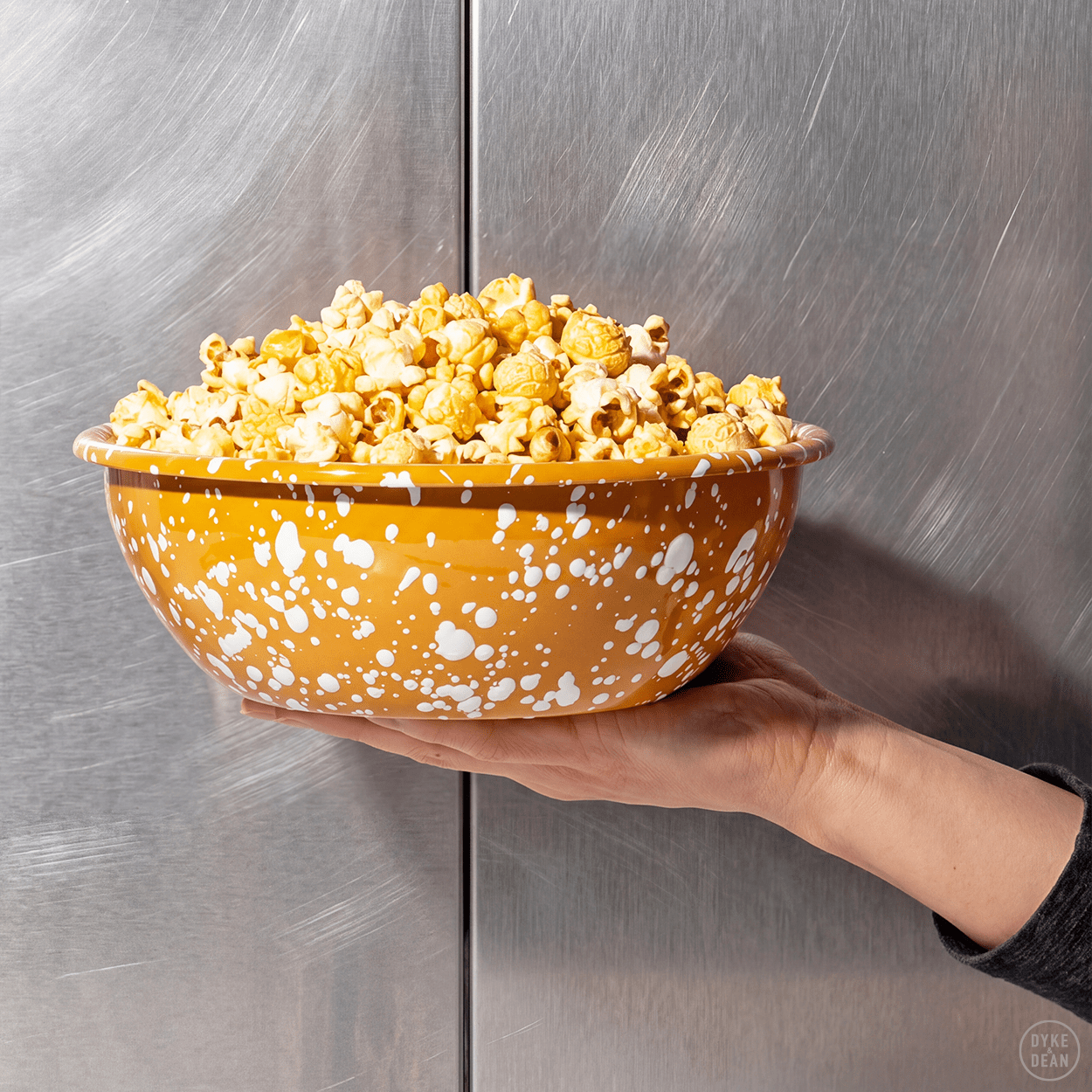 YELLOW & CREAM LARGE SPLATTER ENAMEL BOWL - DYKE & DEAN