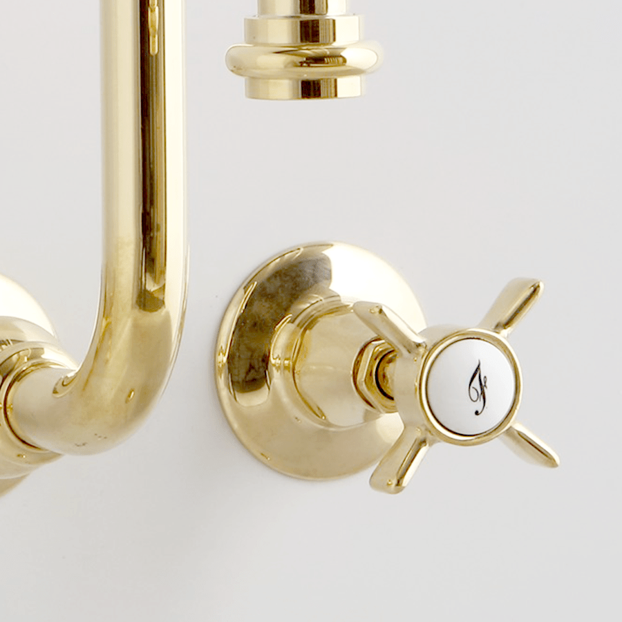 WALL MOUNTED SWAN SPOUT CROSS HANDLE TAPS - DYKE & DEAN