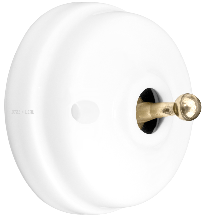 WHITE CERAMIC 2 WAY TOGGLE WALL SWITCH BRASS - DYKE & DEAN