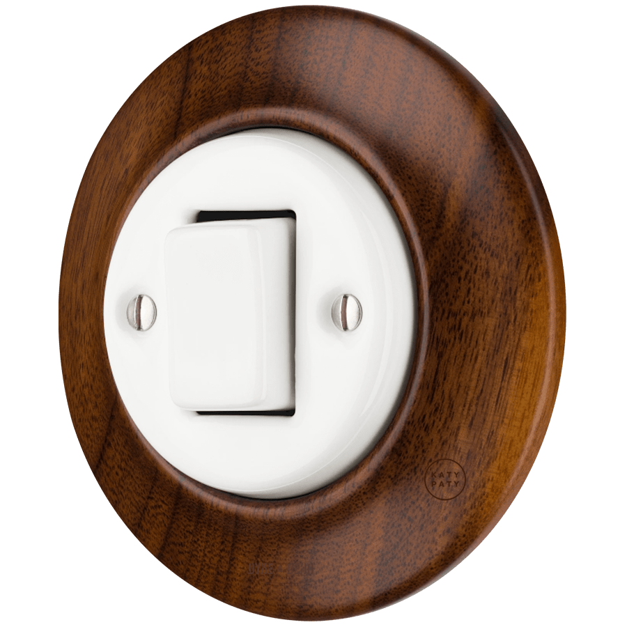 WOODEN PORCELAIN WALL LIGHT SWITCH NUCLEUS FAT BUTTON - DYKE & DEAN