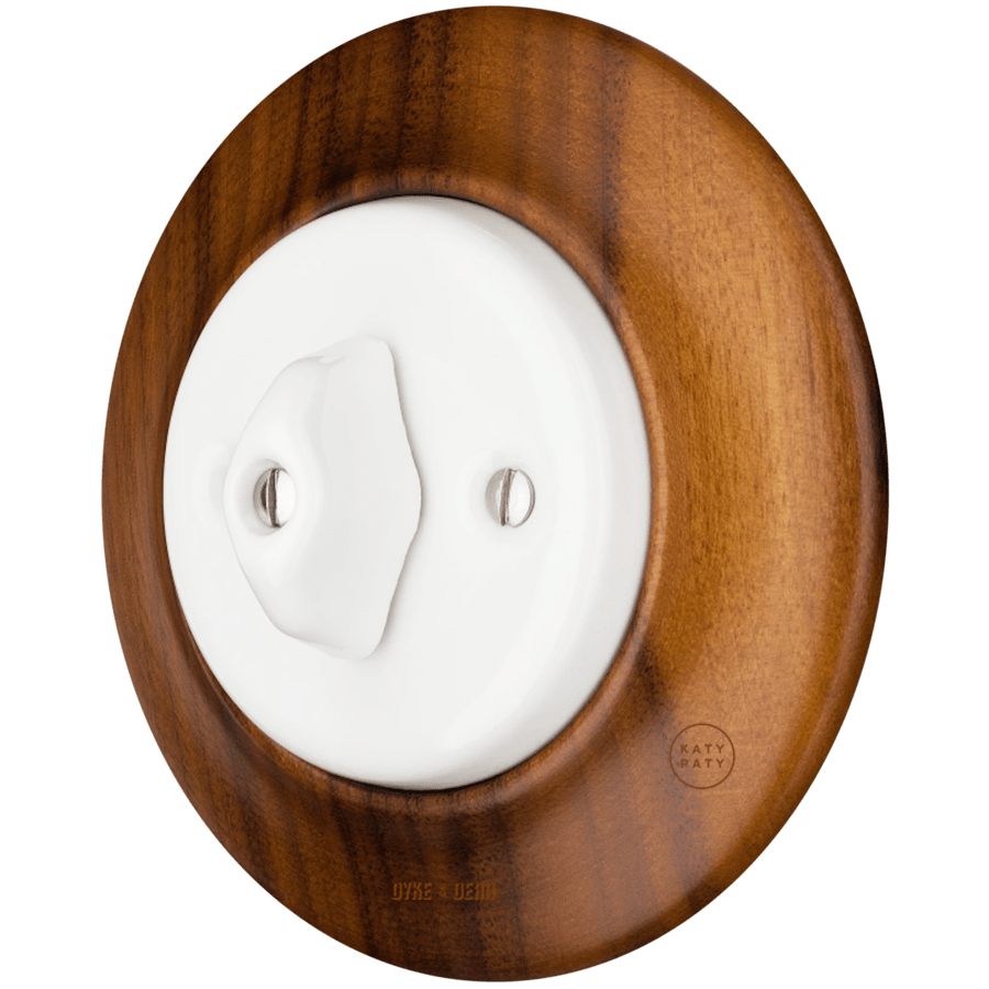 WOODEN PORCELAIN WALL LIGHT SWITCH NUTMAG ROTARY - DYKE & DEAN