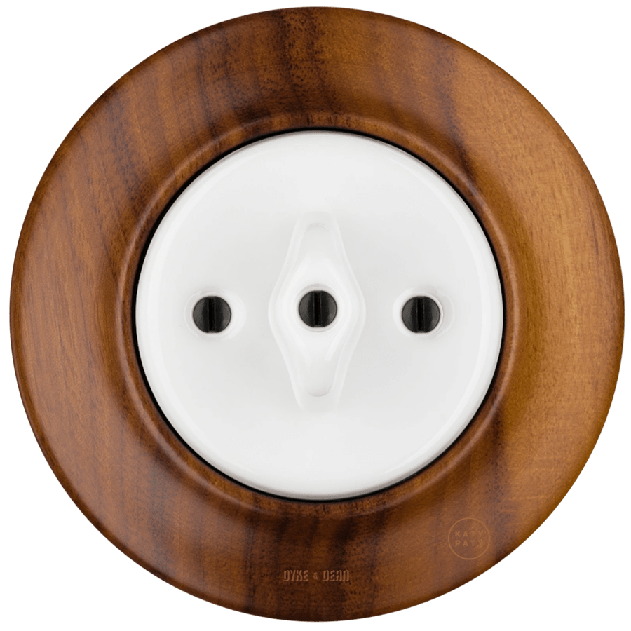 WOODEN PORCELAIN WALL LIGHT SWITCH NUTMAG ROTARY - DYKE & DEAN