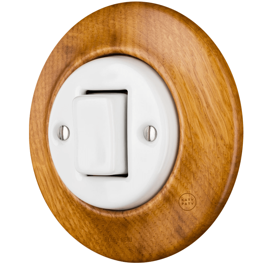 WOODEN PORCELAIN WALL LIGHT SWITCH ROBUS FAT BUTTON - DYKE & DEAN